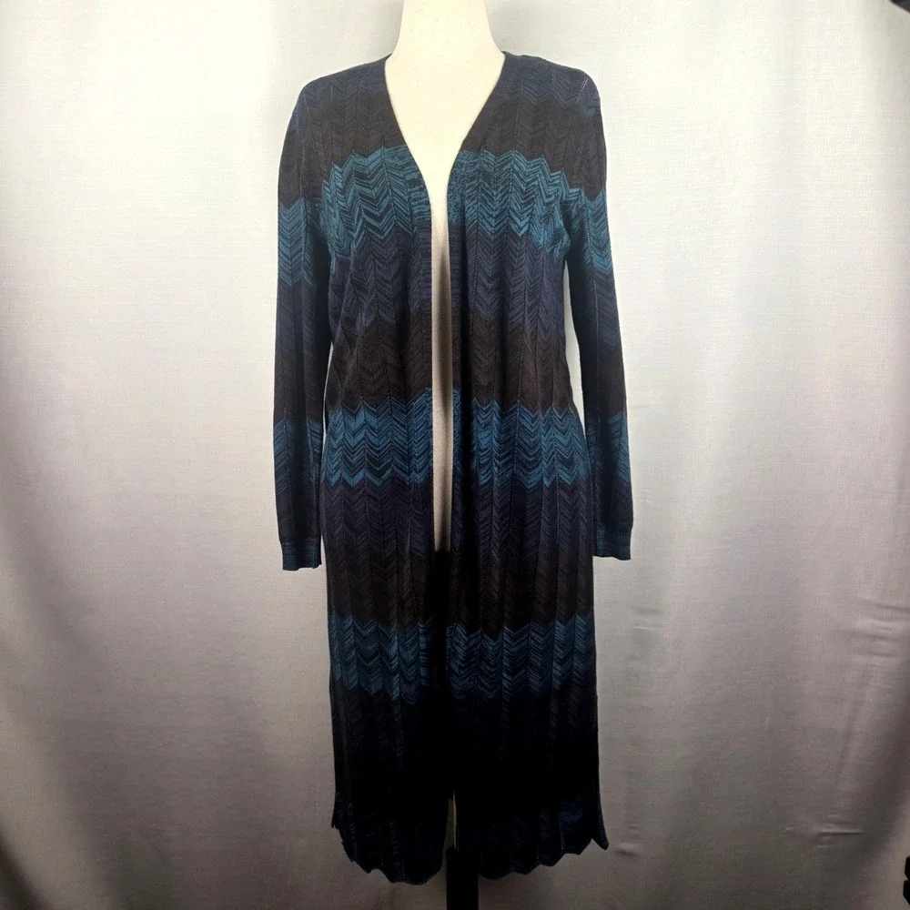 Soft Surroundings Brown & Blue Chevron Long Open Cardigan‎ Women's Petite Small